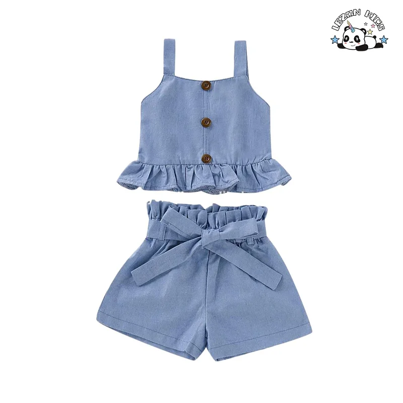 LEZONKIDS - Custom Kids Clothing Sets Blue Condole Top Ruffles Summer Western Style Denim Fabric Girl Clothing Set